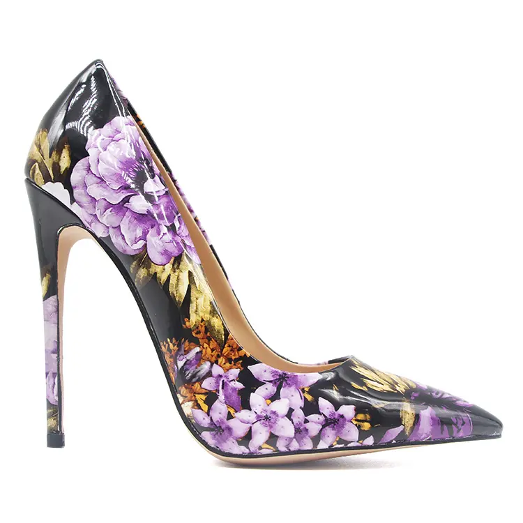 Latest flower print pointed toe high heels Stilettos Pointed Toe Evening Dress Printed High Heel Shoes