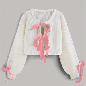 Cardigan Personalizzato da Donna all'Ingrosso a Maniche Lunghe in Maglia a Costine con Fiocco, Morbido ed Elegante, Abbigliamento Estivo da Donna - Product Image 1