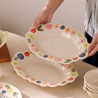Ensemble de vaisselle en porcelaine écologique classique coréenne avec motif de rose en relief, personnalisable, compatible lave-vaisselle et micro-ondes