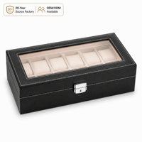 Boîte de présentation de montres de luxe personnalisée en cuir PU noir avec fenêtre en verre véritable, couture à la main de précision, velours beige, 10 emplacements