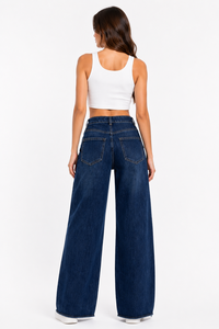Jeans da Donna a Vita Alta, Gamba Larga, Denim Scuro, Vestibilità Comoda, Lunghezza Intera, Stile Casual - Product Image 3