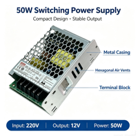 Alimentation à découpage LED LRS-50-12 50W avec boîtier métallique et sortie stable pour systèmes d'automatisation et éclairage industriel