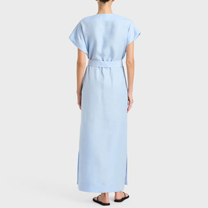 Elegante <span class=keywords><strong>Abito</strong></span> Lungo da Donna in Viscosa e <span class=keywords><strong>Lino</strong></span>, Blu Cielo, Senza Maniche con Tasche - Product Image 2
