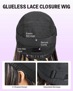 Peluca de encaje frontal sin pegamento 6x5 de 20 pulgadas, pre-arrancada, pre-cortada, 220% de densidad, con reflejos decolorados, lisa, <span class=keywords><strong>balayage</strong></span> natural - Product Image 4