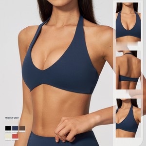 Soutien-gorge de yoga pour femme, col halter en V, dos croisé, respirant, maintien élevé, antichoc, froncé, sans armatures, sous-vêtement de sport - Product Image 3