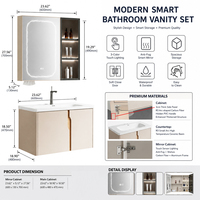 Ensemble de meuble de salle de bain mural moderne avec miroir de douche LED intelligent de 24 pouces et lavabo en céramique résistant à l'eau