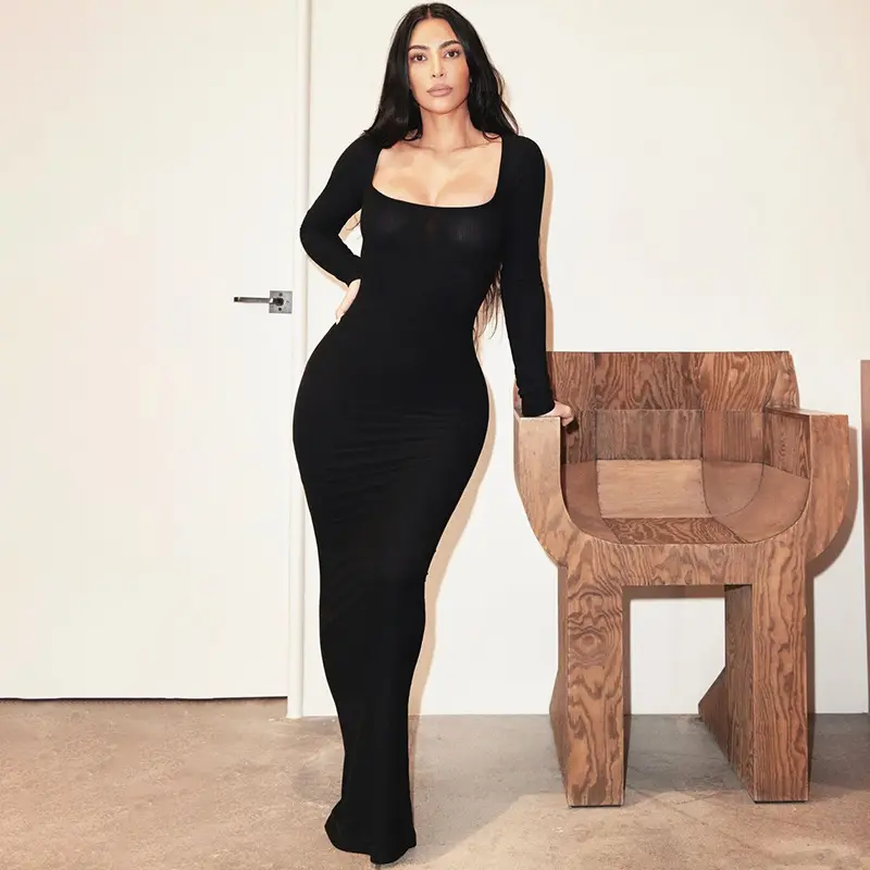 Robe longue à manches longues pour femmes Couleur unie Bodycon Casual Cotton Dresses Women Long Maxi