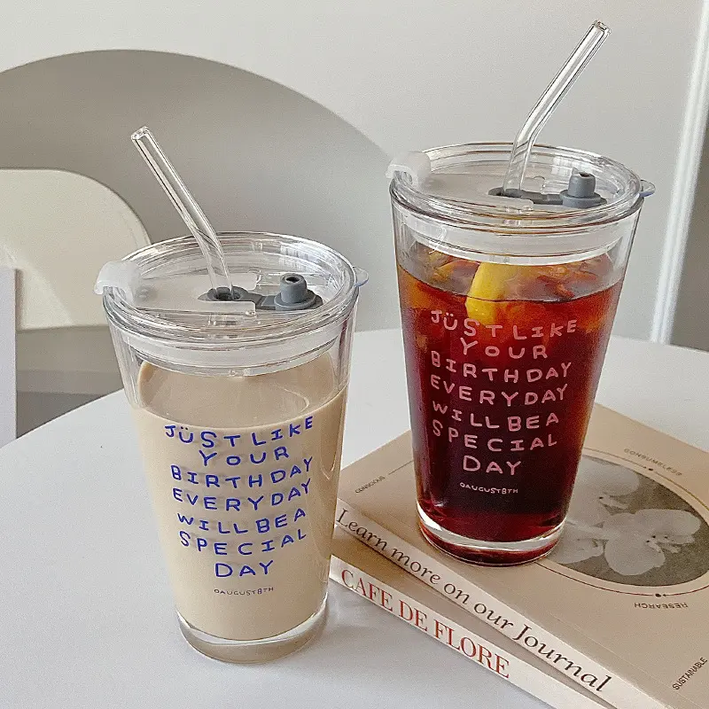 Koreaanse Ins Stijl Glazen Stro Cup Grote Capaciteit Eenvoudige Letter Water Cup Groothandel