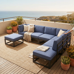 Ensemble <span class=keywords><strong>de</strong></span> canapés d'extérieur en tissu bleu imperméable avec foyer carré, mobilier <span class=keywords><strong>de</strong></span> patio modulaire minimaliste pour <span class=keywords><strong>jardin</strong></span> et cour arrière - Product Image 1