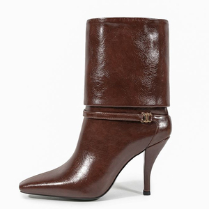 Women's Metal Buckles Short <b>Boots</b> Spike High-Heeled Pointed Toe Ankle Booties Turn Over on Shoes - Product Image 1