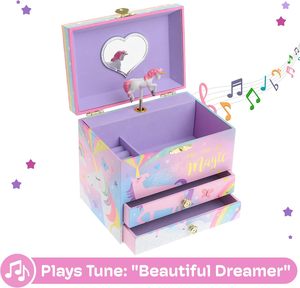 Boîte à bijoux musicale licorne Jakos pour filles avec serrure et 2 tiroirs coulissants, pour ranger les boucles d'oreilles, joue la mélodie 'Beautiful Dreamer' - Product Image 3