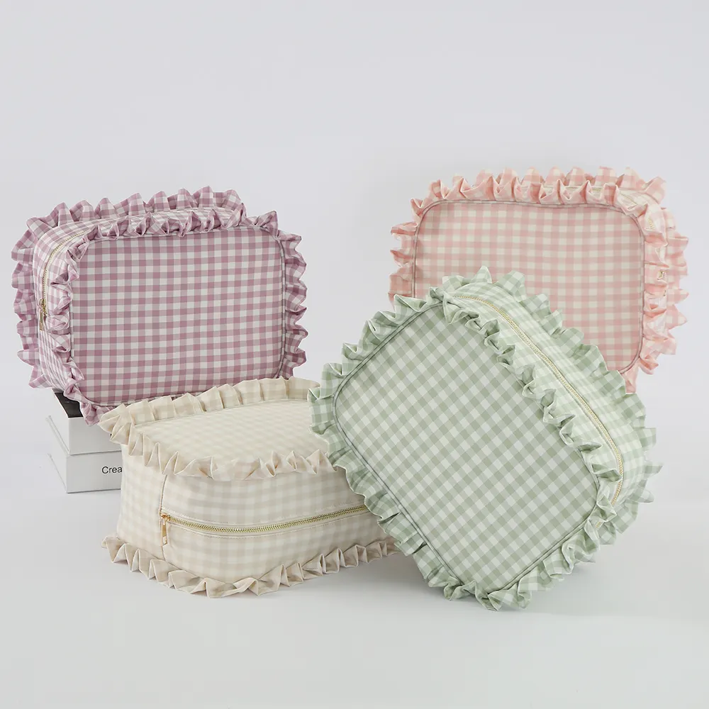 Personalized Washable Cute Baby Diaper Organizer Mommy Outdoor Accessories Pink Gingham Ruffle Pouch Zipper Cosmetic Bag