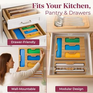 Bamboo Plastic Wrap Dispenser With Foil Cutter <b>Kitchen</b> Organizer Multi Compartment Storage Box For Fridge Use - Product Image 2