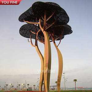 Sculpture d'arbre abstraite YOUFINE en acier inoxydable, art végétal métallique creux orange pour la décoration des places urbaines et des rues - Product Image 5