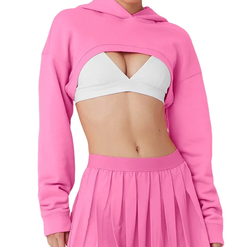 ODM rosa tuta Casual di alta qualità ritagliata Top ragazze Solid Sportswear felpa con cappuccio a maniche lunghe felpa da donna