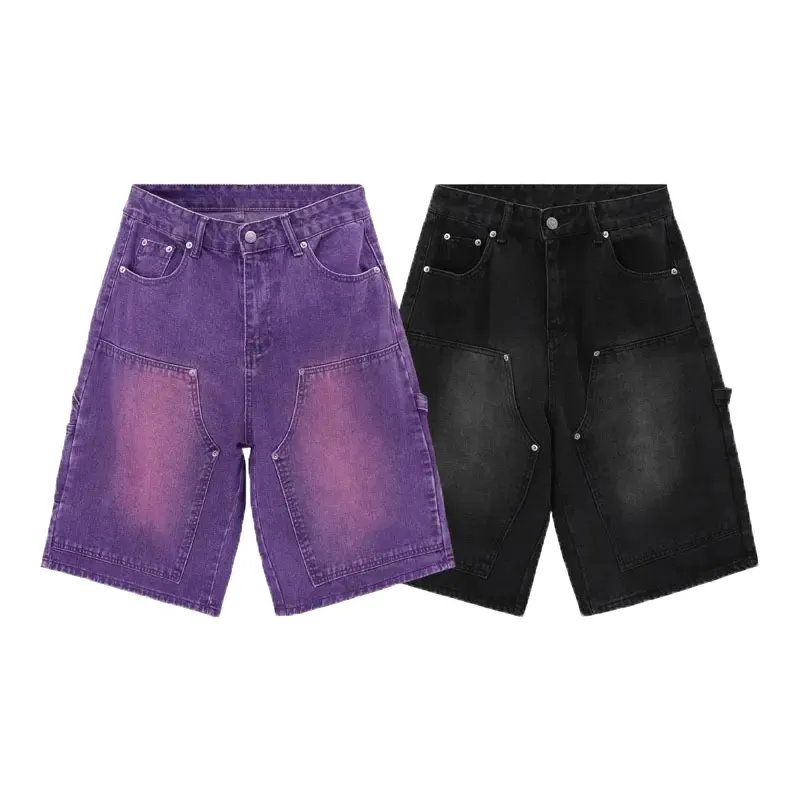 Shorts jeans folgado de cor sólida, shorts jeans cargo masculinos de alta qualidade, lavados com ácido e sol, personalizados