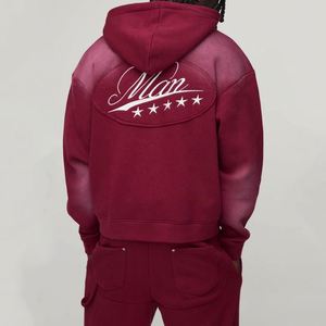 Survêtement deux pièces pour homme, personnalisé, style rétro, délavé soleil bordeaux, avec sweat à capuche zippé intégral et pantalon de survêtement large à empiècements cousus - Product Image 3