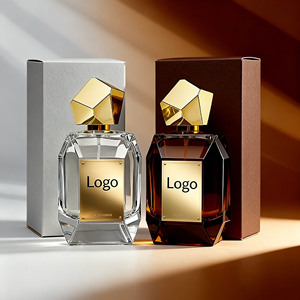Étiquettes métalliques personnalisées, design unique, <span class=keywords><strong>flacon</strong></span> de <span class=keywords><strong>parfum</strong></span> en verre transparent de luxe de 100 ml avec pompe pulvérisateur et couvercle doré, avec boîte - Product Image 1
