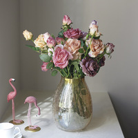 Fleurs artificielles en soie, roses séchées à 3 têtes, bords grillés, teintes automnales vintage, accessoires de photographie de mariage, décoration pour la maison et la maison d'hôtes