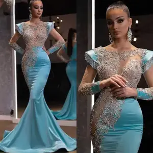 Vestido de noite diário personalizado para banquetes, vestido longo fino temperamento azul claro, para noite