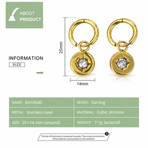 ต่างหูห่วงรูปดาวประดับเหรียญทอง 14K ชุบทองสุญญากาศบนสแตนเลสสตีล - Product Image 2