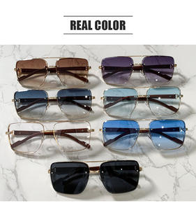 レトロフレームレスメタルスクエアサングラスUV400カスタムロゴ木目調ダブルブリッジパイロットサングラス男女兼用 - Product Image 2