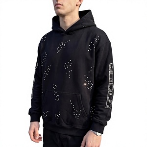 Sudadera con Capucha Negra para Hombre, con Pedrería, Estilo Oversize, con Cristales en las Mangas, Diseño Gráfico, Estilo Urbano, Sudadera con Capucha de Lujo - Product Image 1