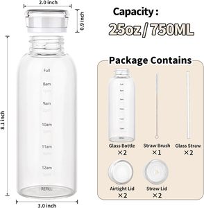Bouteille d'eau en verre avec paille, 300-1000 ml, couvercle à vis, design minimaliste transparent, pour les voyages, adultes - Product Image 5