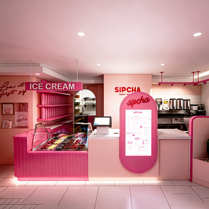 Tienda de Té y Helados de Estilo Dulce y Femenino con Vitrina Abierta, Estantes Rosados Escalonados e Iluminación LED Integrada - Product Image 1