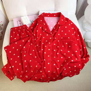 Conjunto de Pijama Casual para Mujer 2026, Manga Larga, Tipo Algodón, Color Rojo, Estampado de Corazones Pequeños, Cuello Camisero - Product Image 3