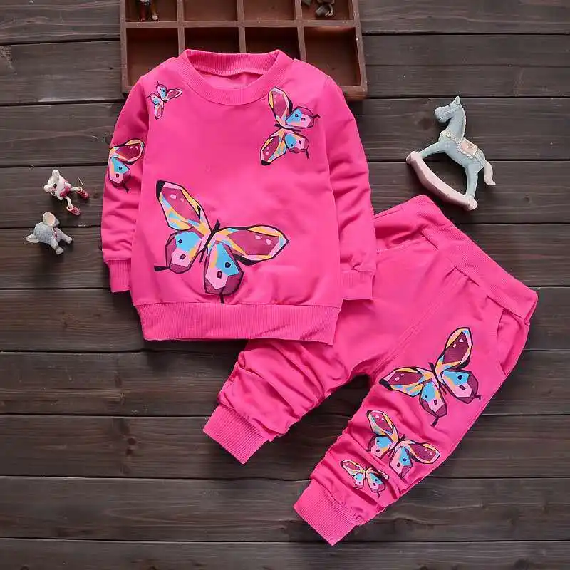 2023 Girls Clothing Autumn Set Apparel Wholesale 2 Pieces Set Butterfly Printing O-neck Cheaper Kids Stock Lot Garments