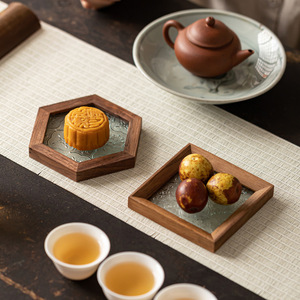 Plato de Madera de Nogal para Té y Repostería, Hexagonal, Cuadrado, con Diseño Floral, Posavasos para Té Kung Fu - Product Image 2