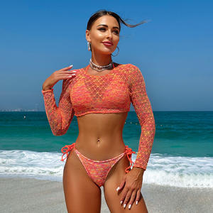 Ensemble de bikinis profonds à dos nu pour femmes Maille Trois pièces Vêtements de plage à manches longues Crop Top Sexy Buttocks Swimwear Women's Swimsuit - Product Image 6