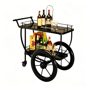 <span class=keywords><strong>Carrello</strong></span> Bar di Lusso a 2 Ripiani in Metallo Nero, Stile <span class=keywords><strong>Vintage</strong></span> con Grandi Ruote, <span class=keywords><strong>Carrello</strong></span> Mobile per Servizio Vini e Bevande per Hotel, Ristoranti e Bar - Product Image 1