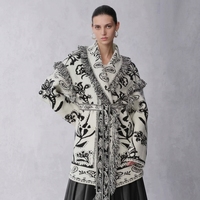Nouvelle Collection Hiver : Cardigan Bohème en Laine Jacquard Vintage à Épaules Tombantes, Manches Longues et Grandes Poches Plaquées avec Pompons