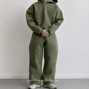Ensemble de survêtement en molleton vert OEM, doux et extensible, en coton, assorti pour hommes, couples et familles, uni, gaufré, personnalisé, fournisseur, designer - Product Image 1