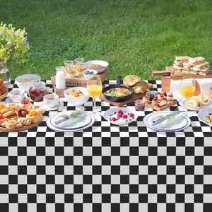 Racing Party Decoration Black Checkered <b>Tablecloth</b> 54x108 in Black White Checkered Disposable Plastic Checkered Flag Table Cover - Product Image 4