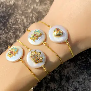 Mode Sieraden Liefde Kroon Zirkoon Zoetwater Parel Kralen Zirkoon Hart Armbanden Voor Vrouwen Koperen Vergulde Dunne Ketting Armband