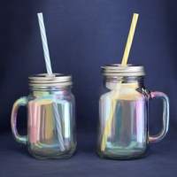 Bocal Mason nacré coloré avec poignée Tasse à eau en verre moderne avec couvercle Jus de paille pour boisson froide Sipper en verre de thé au lait