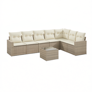 Conjunto de Sofá de Jardín de Ratán Beige con Estructura de Acero y Vidrio Templado, Muebles de Exterior de Diseño Contemporáneo para 6 Personas - Product Image 1