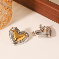 Boucles d'oreilles clous cœur H&C en acier inoxydable plaqué or 18 carats, bijoux fantaisie anti-ternissement, boucles d'oreilles d'amour épaisses superposées argent et or