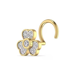 Lovely Women's 14KT Gold <b>Nose</b> Pin 0.12CT Natural Diamond Unique Three Heart Shape Flower Pattern Trendy Fine Piercing Jewelry - Product Image 1