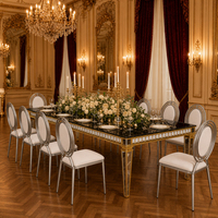 Ensemble de table à manger néoclassique de luxe avec bordure dorée, table de banquet et chaises à dossier argenté pour réception de mariage