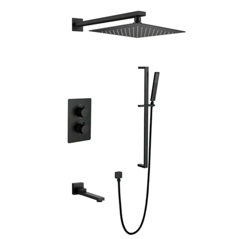 Bath Thermostatic Shower System Matte Black Rain Shower Head Set With Slide Bar
