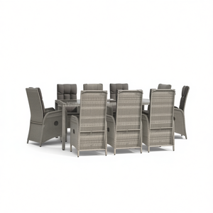 Conjunto de Comedor de Jardín de Mimbre Gris, 8 Plazas, Respaldo Multiposición, Muebles de Exterior, Diseño Contemporáneo, Estructura de Mimbre - Product Image 1