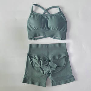 Бесшовный дышащий комплект для йоги из двух предметов без логотипа: женские шорты с эффектом пуш-ап и спортивный топ без спинки для фитнеса и тренировок в спортзале - Product Image 5