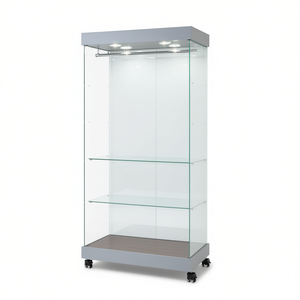 Vitrine d'exposition en verre trempé 73x46x188cm gris clair avec éclairage halogène et rail à vêtements sur base avec roulettes - Product Image 2