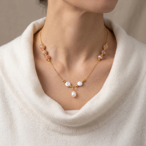 Collier en acier 316L plaqué or 18K PVD, étanche et inaltérable, avec pendentif double pièce, perle baroque et goutte d'eau, cadeau bouddhiste - Product Image 6