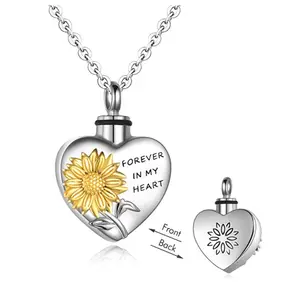Forever In My Heart Heart Sunflower Urn Perfume Necklace Funeral Cremation Coffin Box Necklace Anniversary Memorial Jewelry