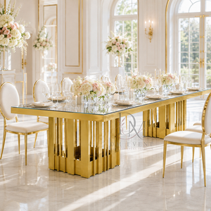 Table de salle à manger rectangulaire haut de gamme en acier inoxydable avec plateau miroir et base à double lattes pour événements et banquets (vente en gros) - Product Image 3